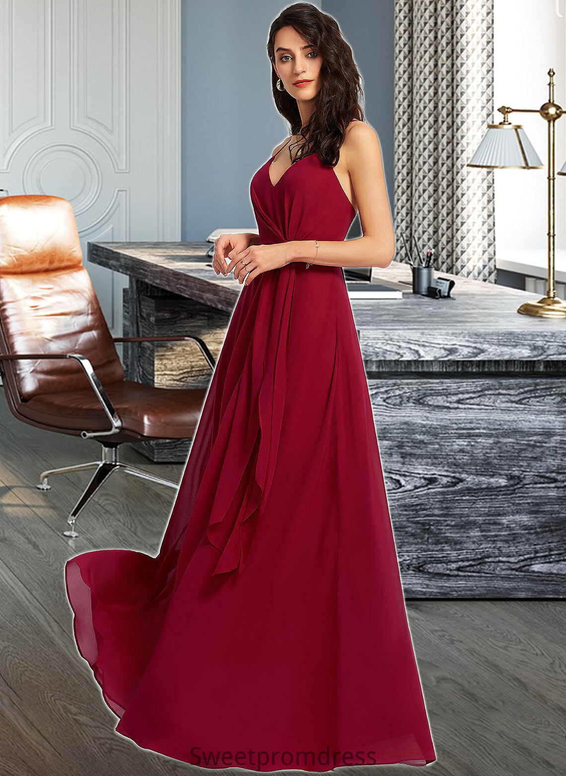 Aimee A-Line V-neck Floor-Length Bridesmaid Dress With Ruffle DHP0013206