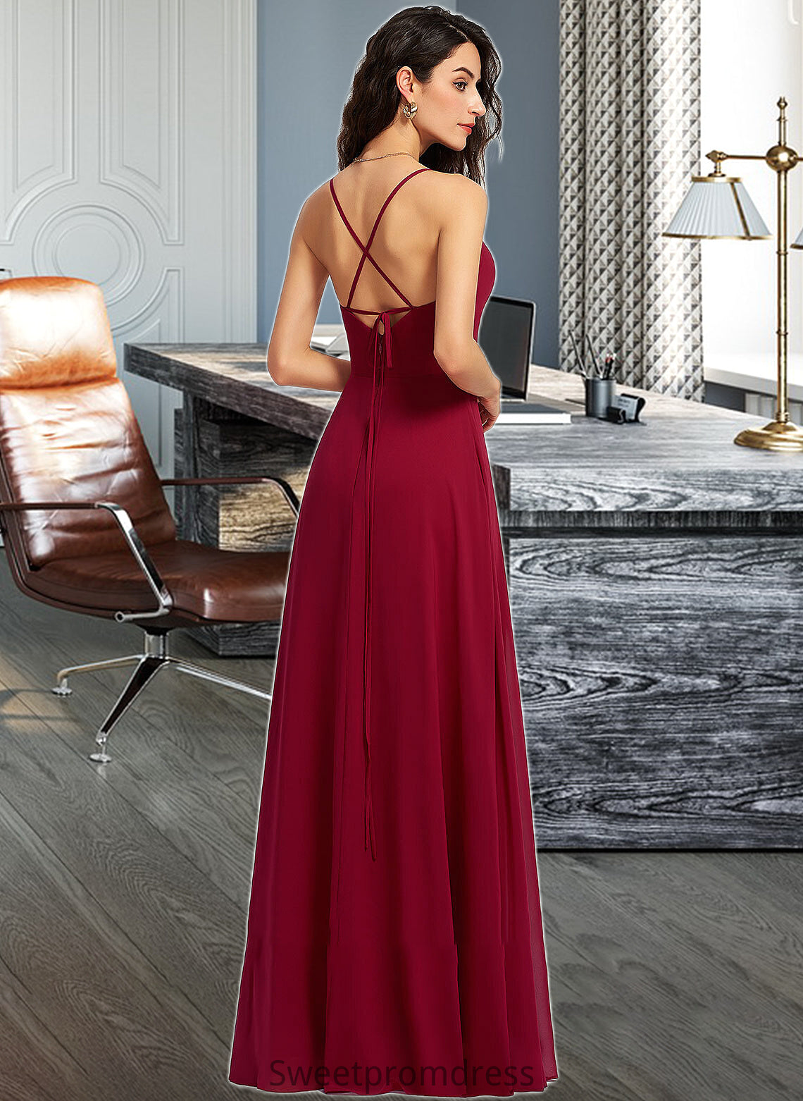 Aimee A-Line V-neck Floor-Length Bridesmaid Dress With Ruffle DHP0013206