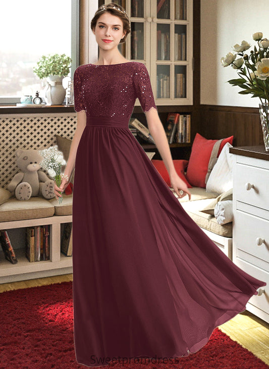 Katelyn A-Line Scoop Neck Floor-Length Chiffon Lace Bridesmaid Dress With Sequins DHP0013207