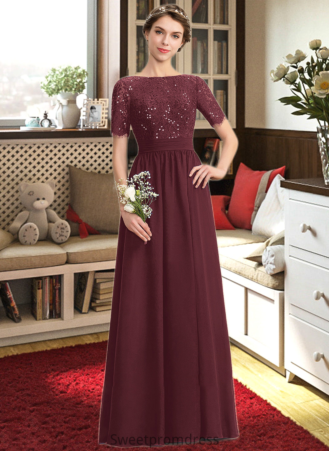 Katelyn A-Line Scoop Neck Floor-Length Chiffon Lace Bridesmaid Dress With Sequins DHP0013207