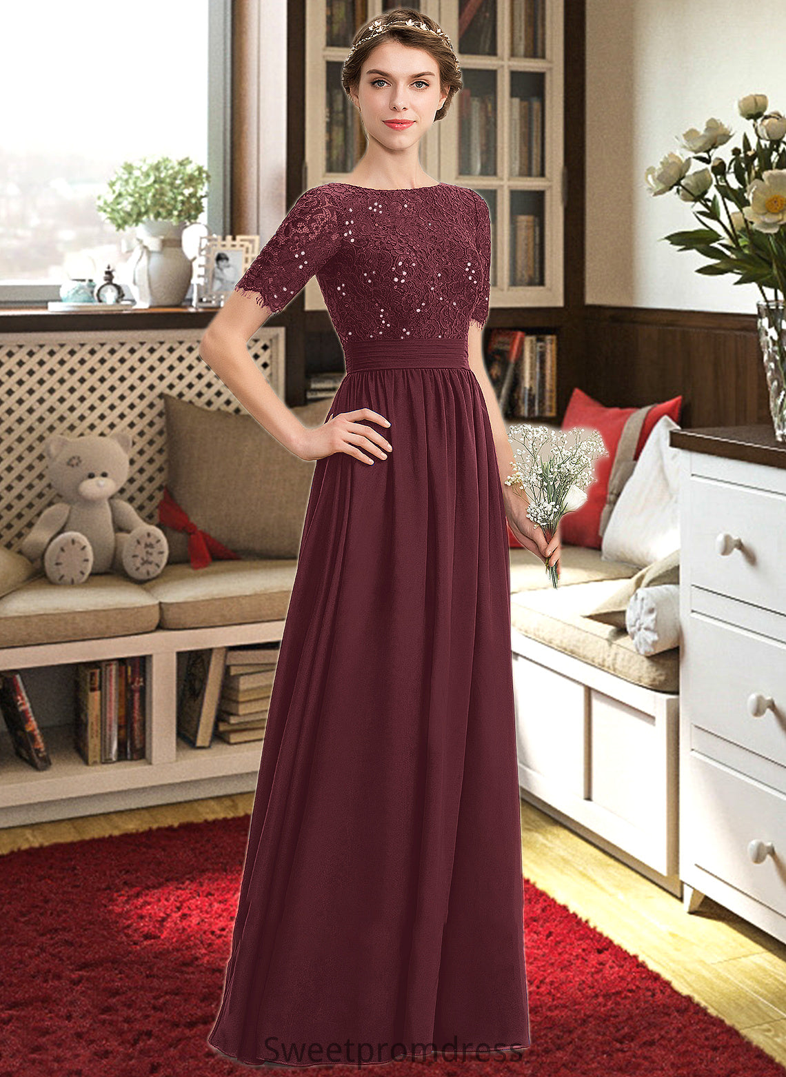 Katelyn A-Line Scoop Neck Floor-Length Chiffon Lace Bridesmaid Dress With Sequins DHP0013207