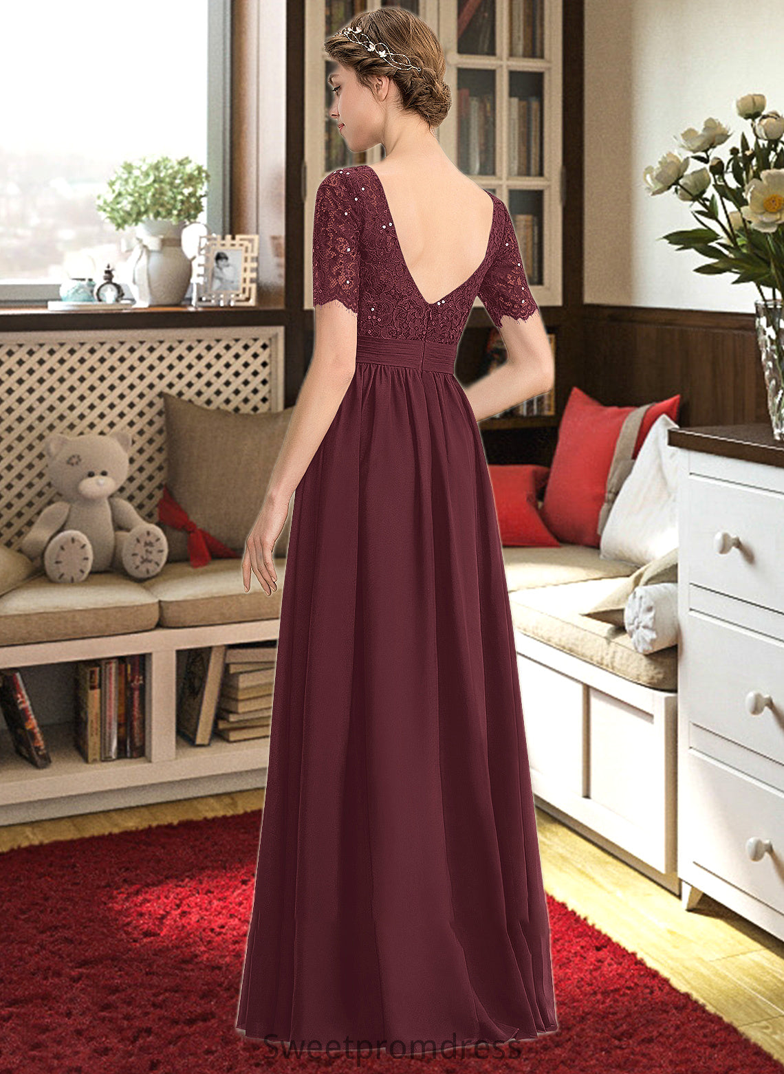 Katelyn A-Line Scoop Neck Floor-Length Chiffon Lace Bridesmaid Dress With Sequins DHP0013207