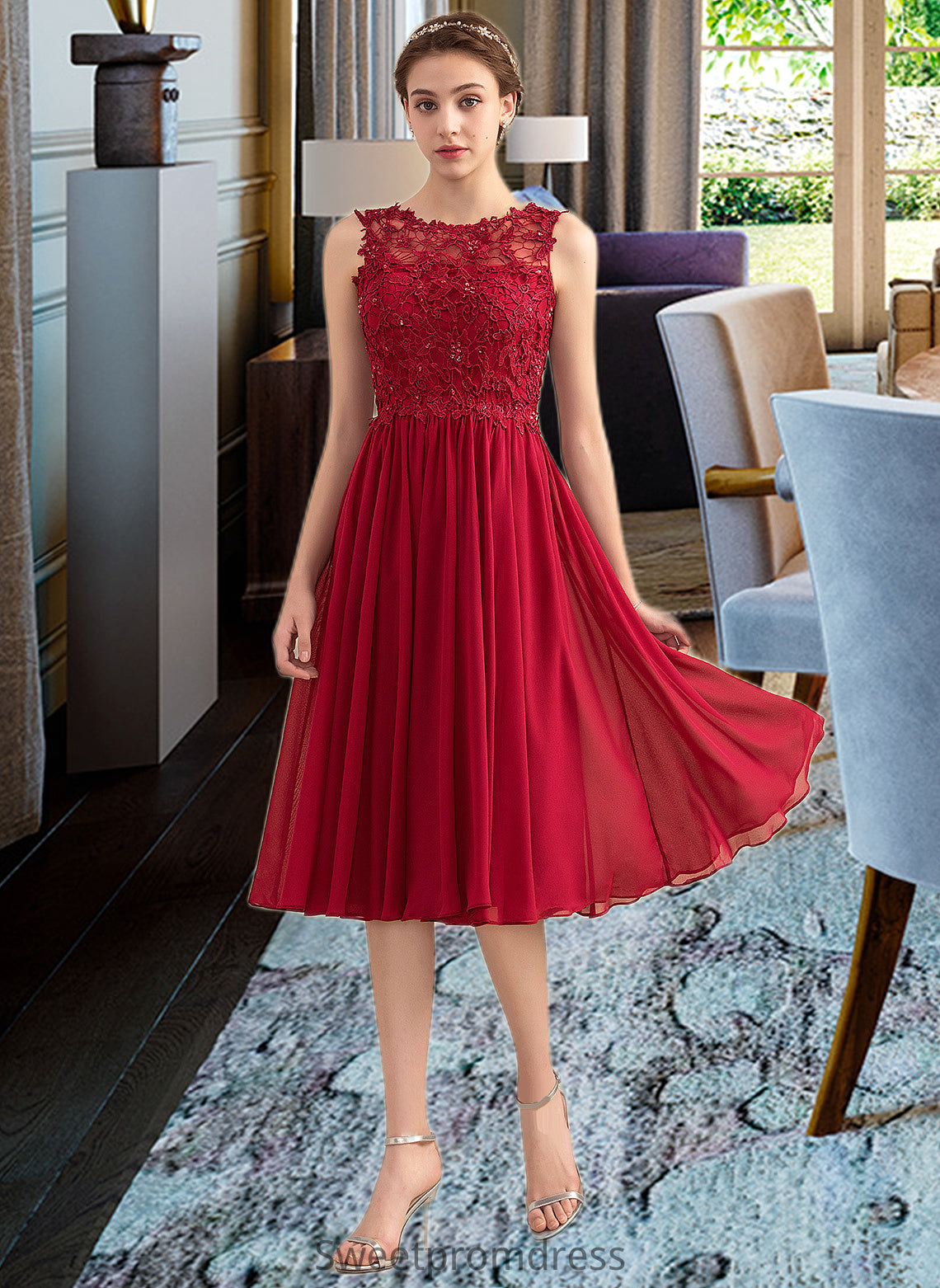 Clare A-Line Scoop Neck Knee-Length Chiffon Lace Bridesmaid Dress With Beading Sequins DHP0013208