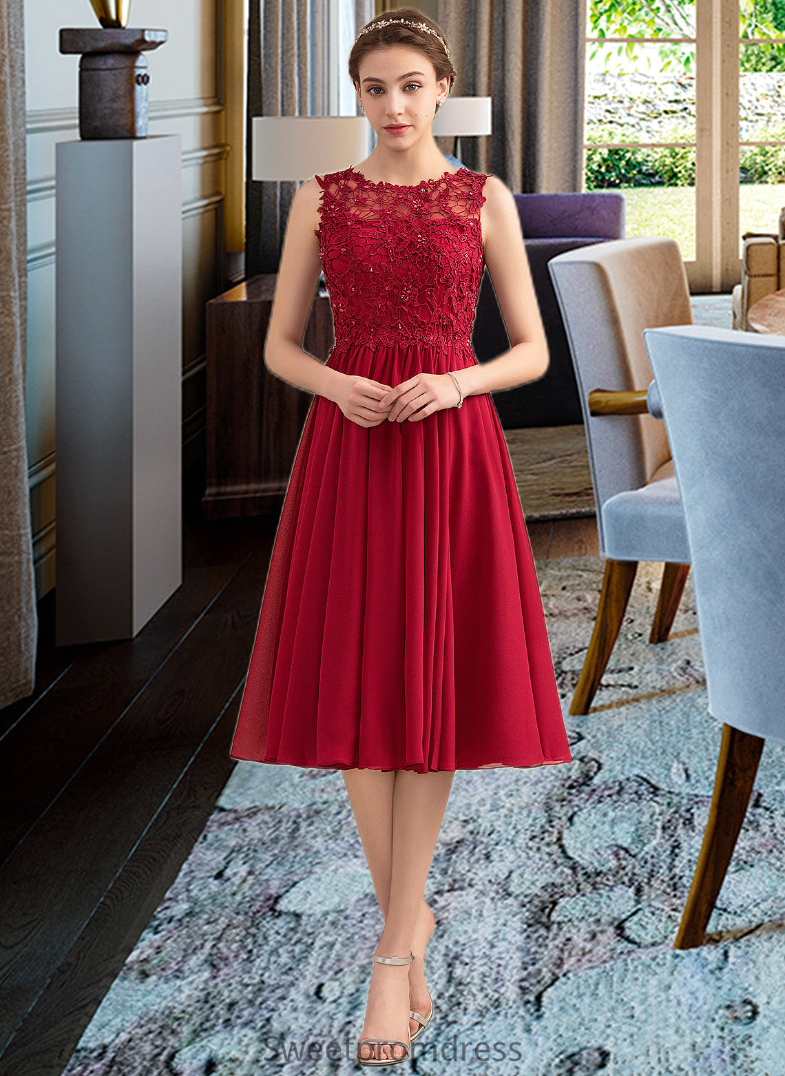 Clare A-Line Scoop Neck Knee-Length Chiffon Lace Bridesmaid Dress With Beading Sequins DHP0013208