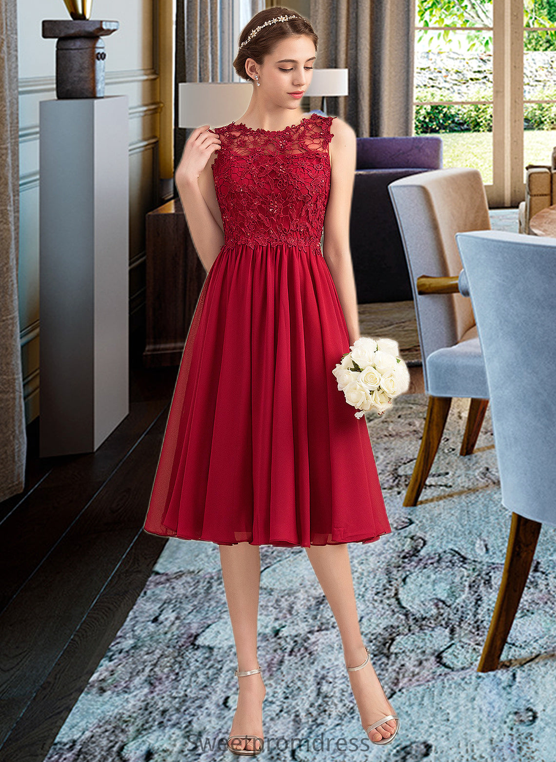 Clare A-Line Scoop Neck Knee-Length Chiffon Lace Bridesmaid Dress With Beading Sequins DHP0013208