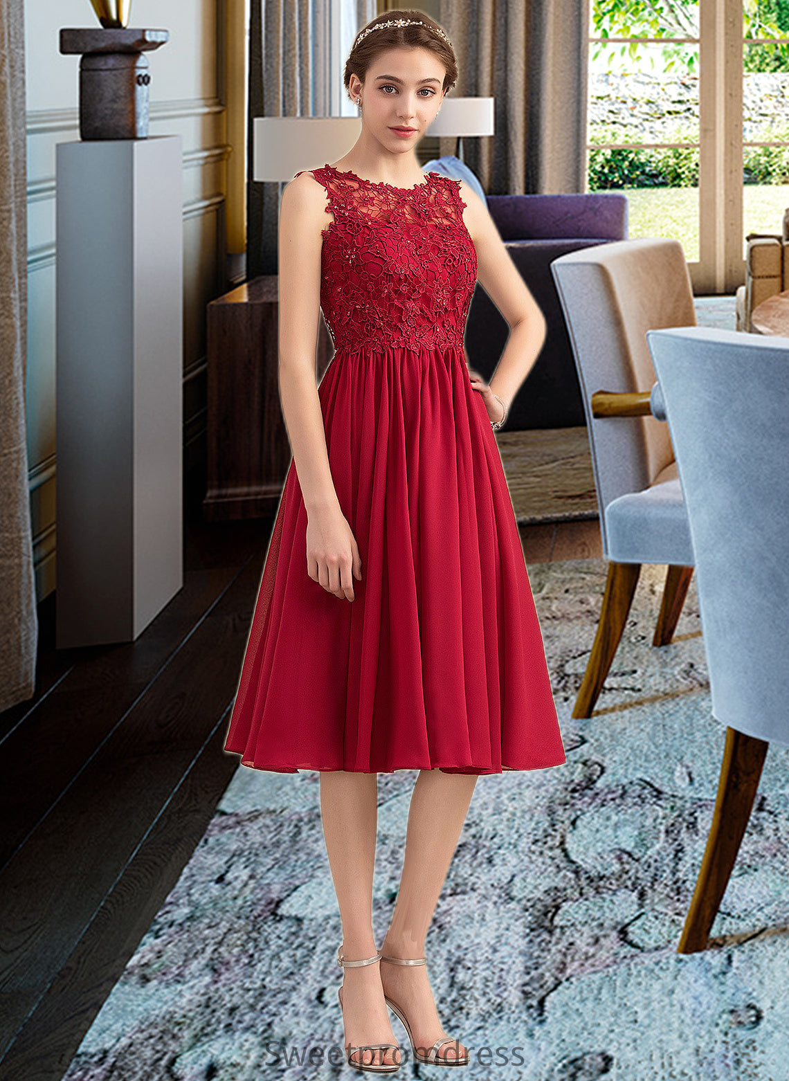 Clare A-Line Scoop Neck Knee-Length Chiffon Lace Bridesmaid Dress With Beading Sequins DHP0013208