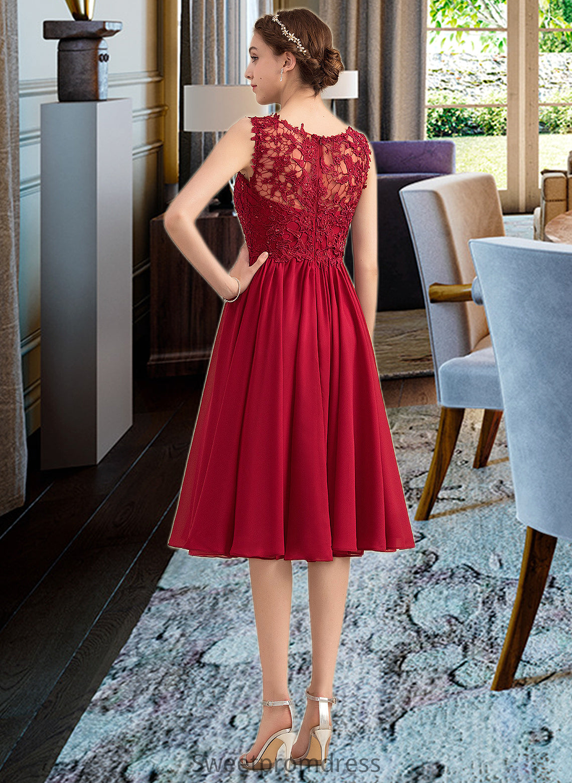 Clare A-Line Scoop Neck Knee-Length Chiffon Lace Bridesmaid Dress With Beading Sequins DHP0013208