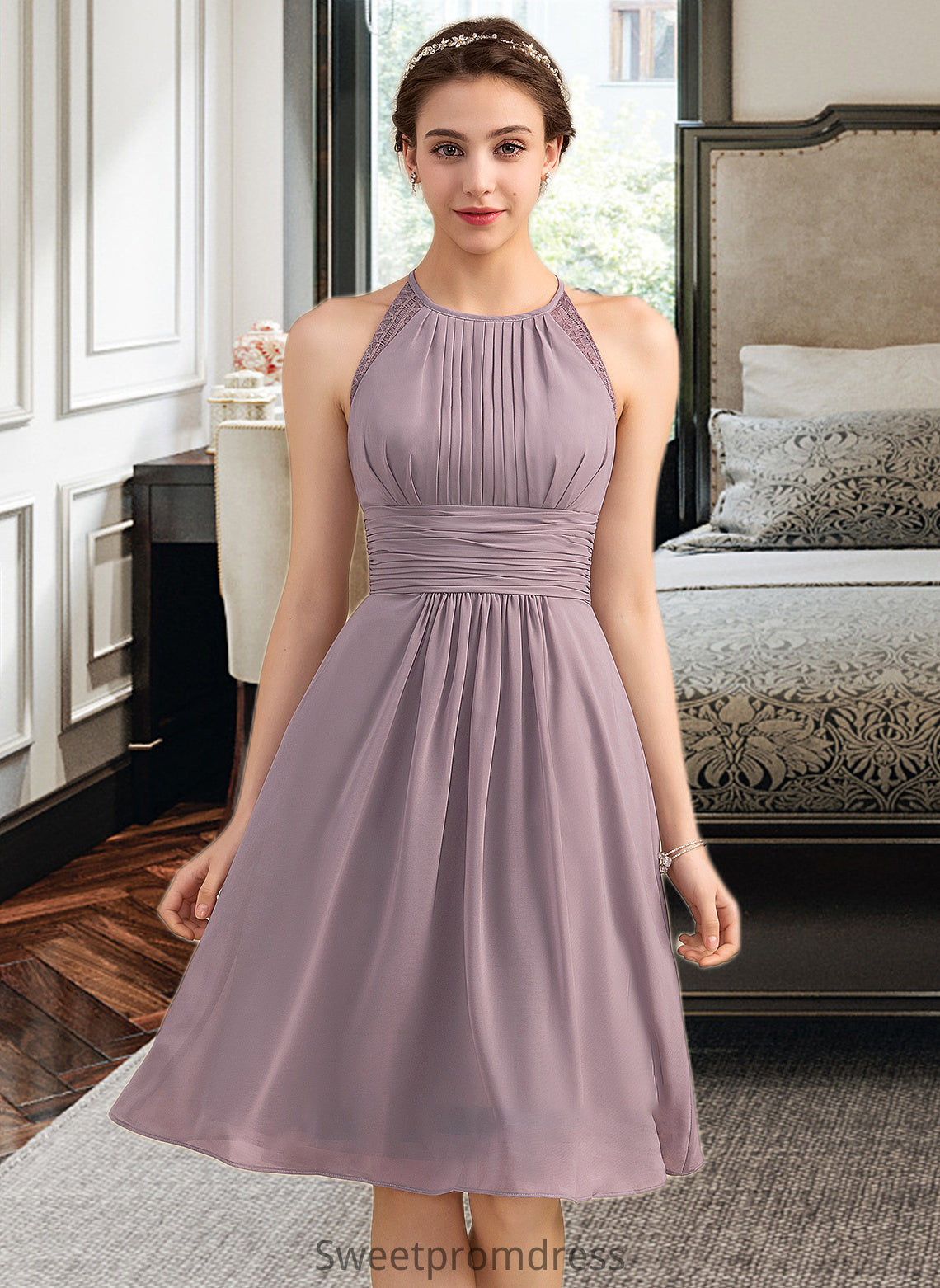 Annika A-Line Scoop Neck Knee-Length Chiffon Lace Bridesmaid Dress With Ruffle DHP0013209