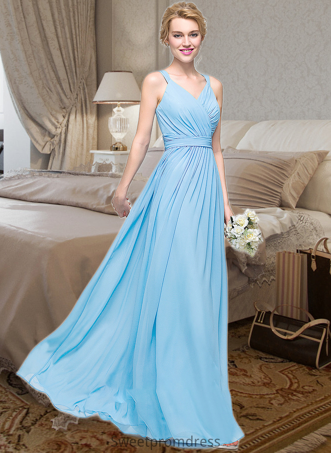 Gracie A-Line V-neck Floor-Length Chiffon Bridesmaid Dress With Ruffle Bow(s) DHP0013211