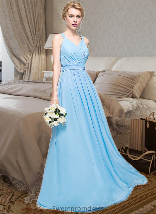 Gracie A-Line V-neck Floor-Length Chiffon Bridesmaid Dress With Ruffle Bow(s) DHP0013211