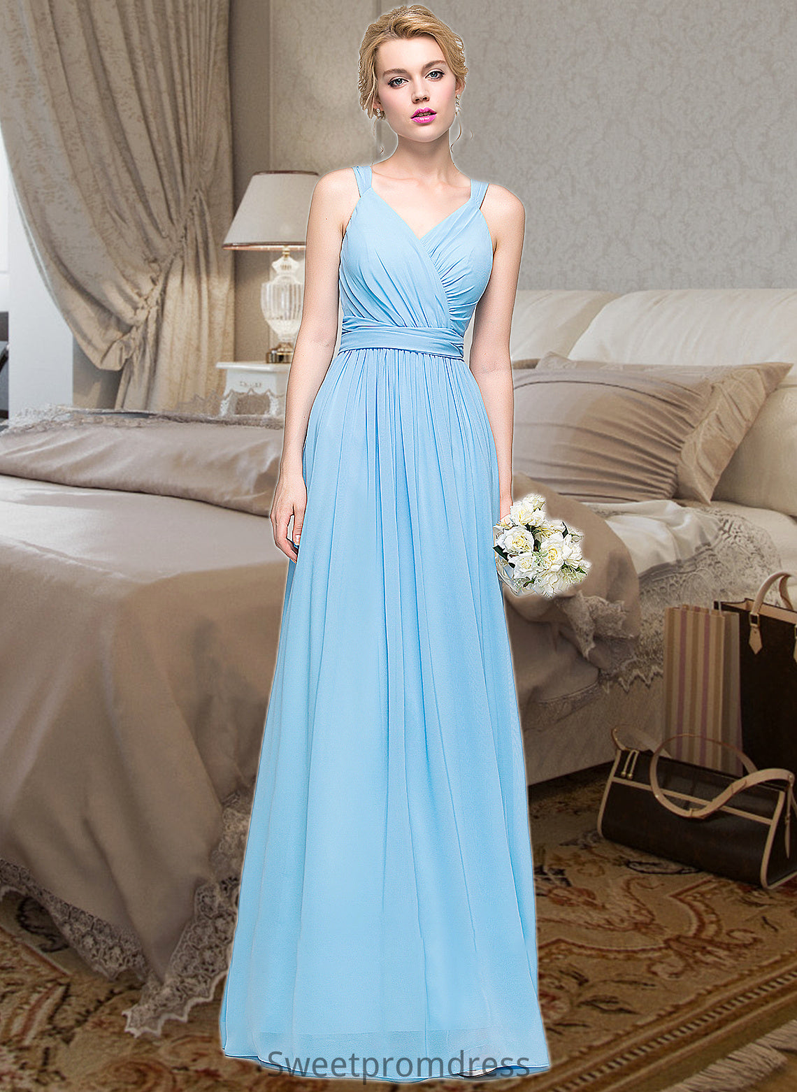 Gracie A-Line V-neck Floor-Length Chiffon Bridesmaid Dress With Ruffle Bow(s) DHP0013211