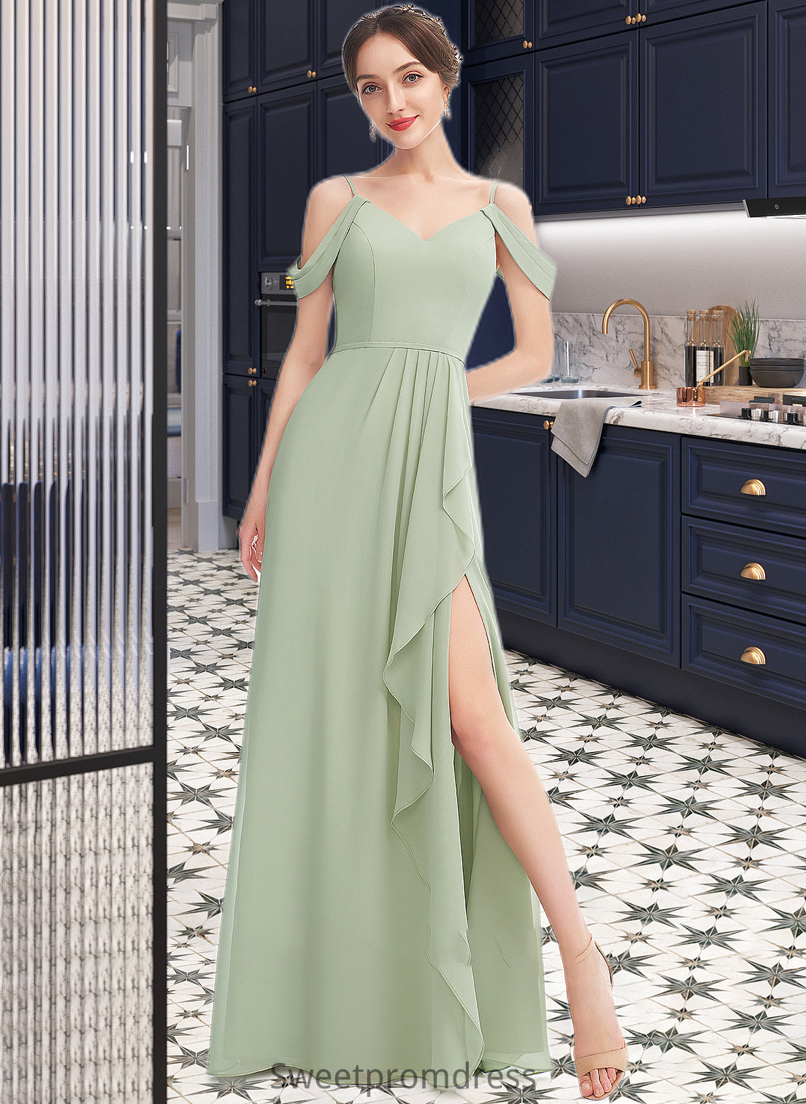 Brittany A-Line V-neck Floor-Length Bridesmaid Dress With Ruffle Split Front DHP0013213