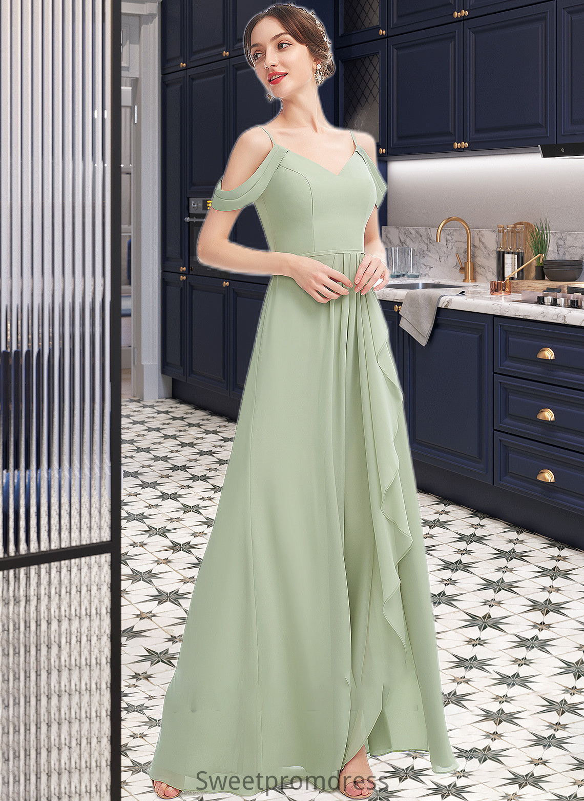 Brittany A-Line V-neck Floor-Length Bridesmaid Dress With Ruffle Split Front DHP0013213