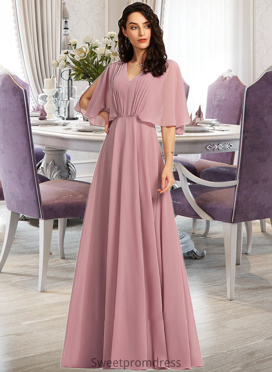 Amber A-Line V-neck Floor-Length Bridesmaid Dress With Ruffle DHP0013214