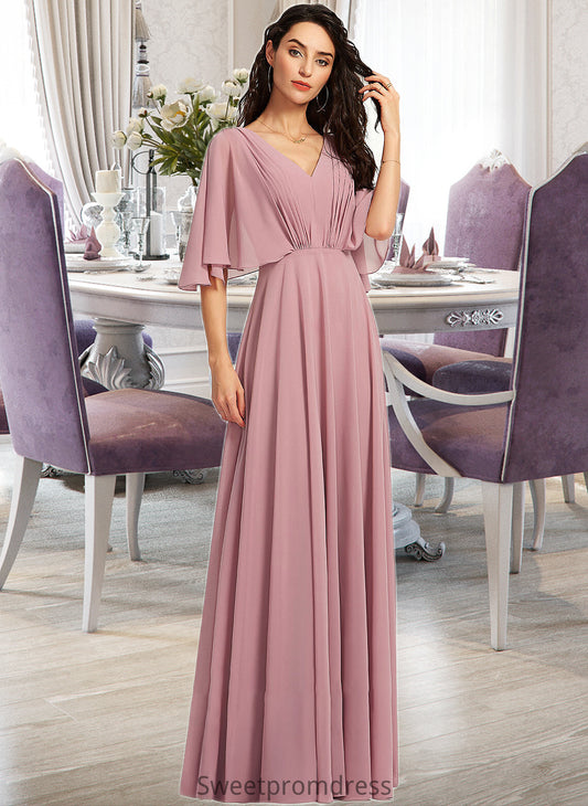 Amber A-Line V-neck Floor-Length Bridesmaid Dress With Ruffle DHP0013214