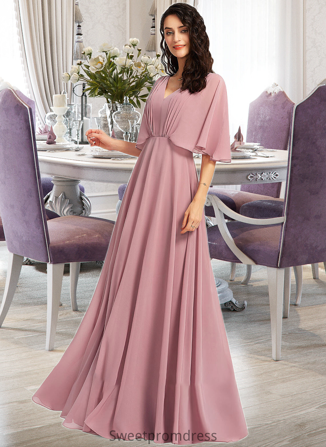 Amber A-Line V-neck Floor-Length Bridesmaid Dress With Ruffle DHP0013214