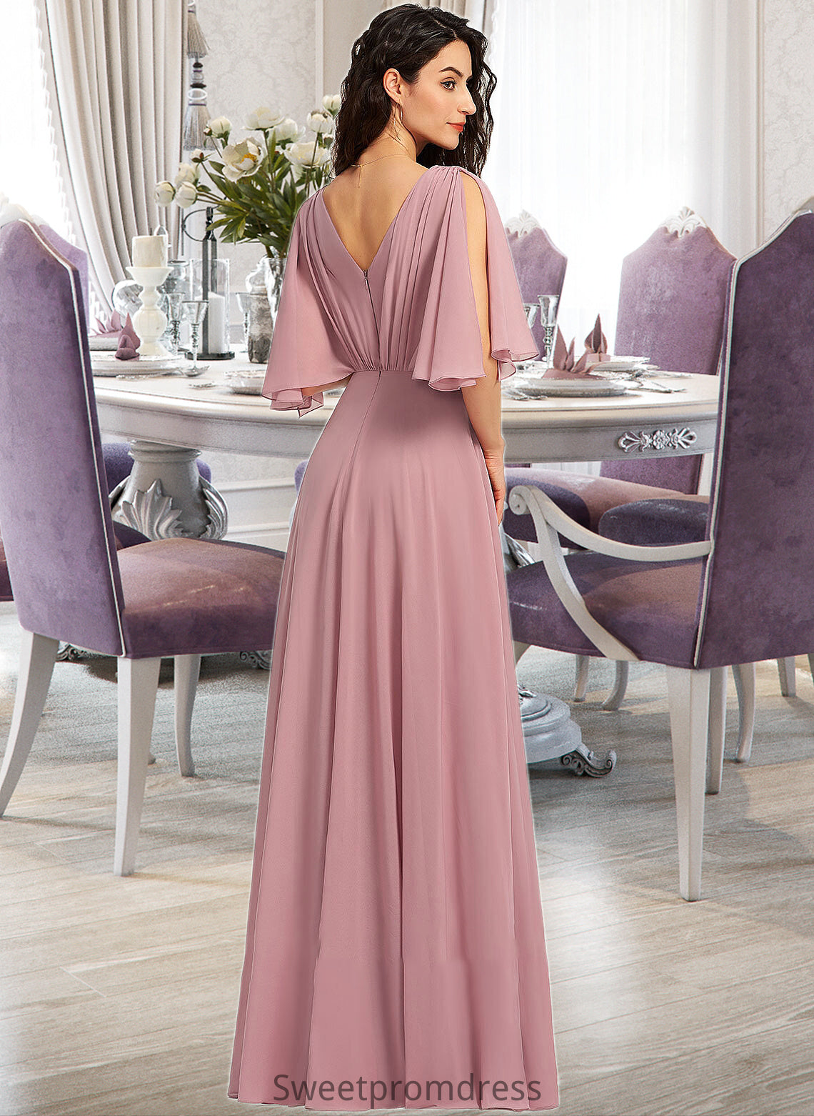 Amber A-Line V-neck Floor-Length Bridesmaid Dress With Ruffle DHP0013214