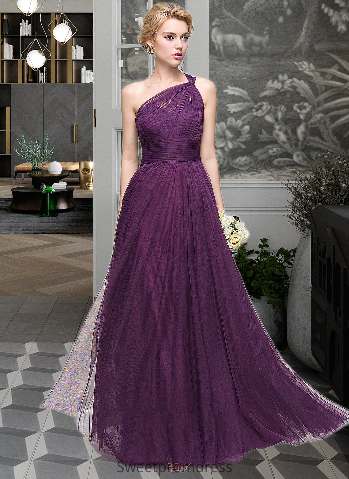 Toni A-Line One-Shoulder Floor-Length Tulle Bridesmaid Dress With Ruffle DHP0013216