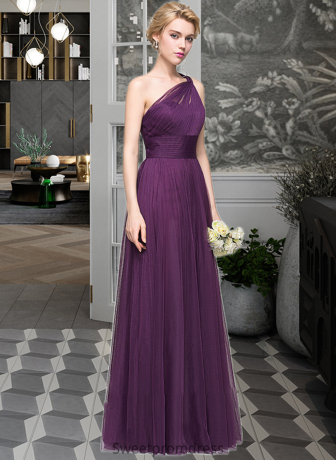 Toni A-Line One-Shoulder Floor-Length Tulle Bridesmaid Dress With Ruffle DHP0013216