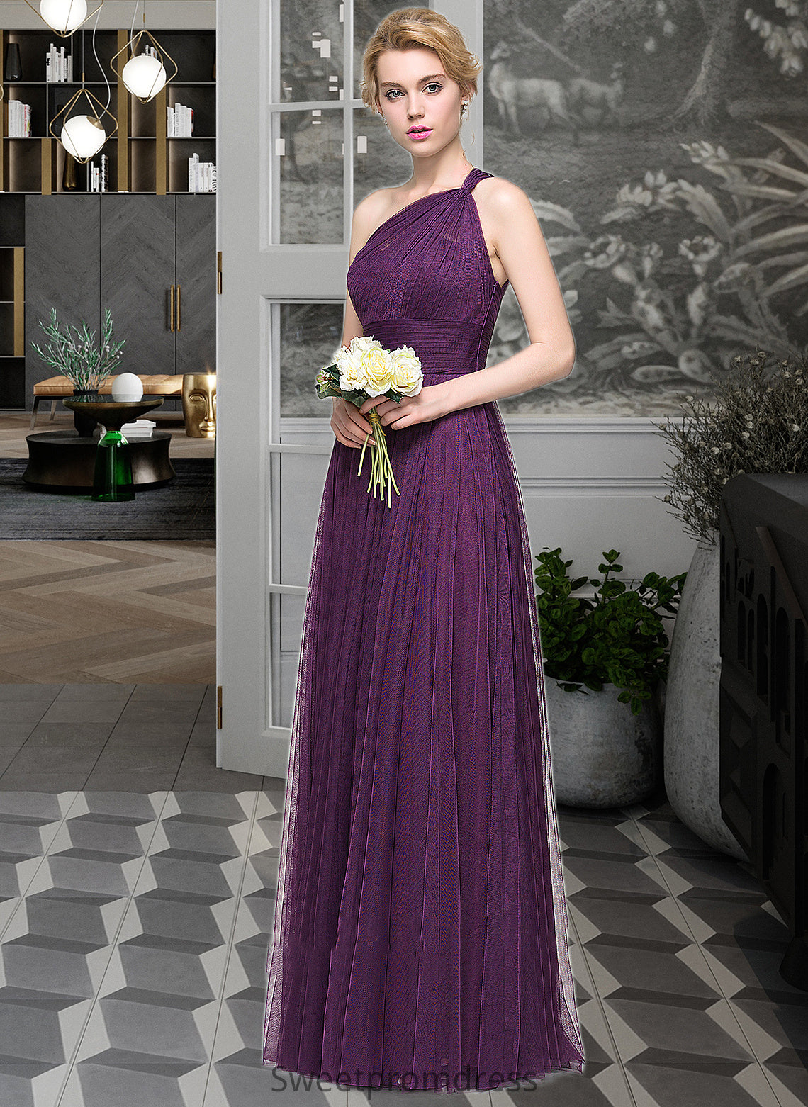 Toni A-Line One-Shoulder Floor-Length Tulle Bridesmaid Dress With Ruffle DHP0013216