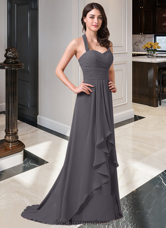 Sabrina A-Line Halter Sweep Train Chiffon Bridesmaid Dress With Bow(s) Cascading Ruffles DHP0013217