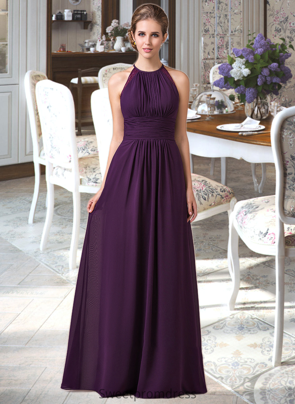 Naima Chiffon Halter-neck Floor-length Bridesmaid Dress With Lace DHP0013218