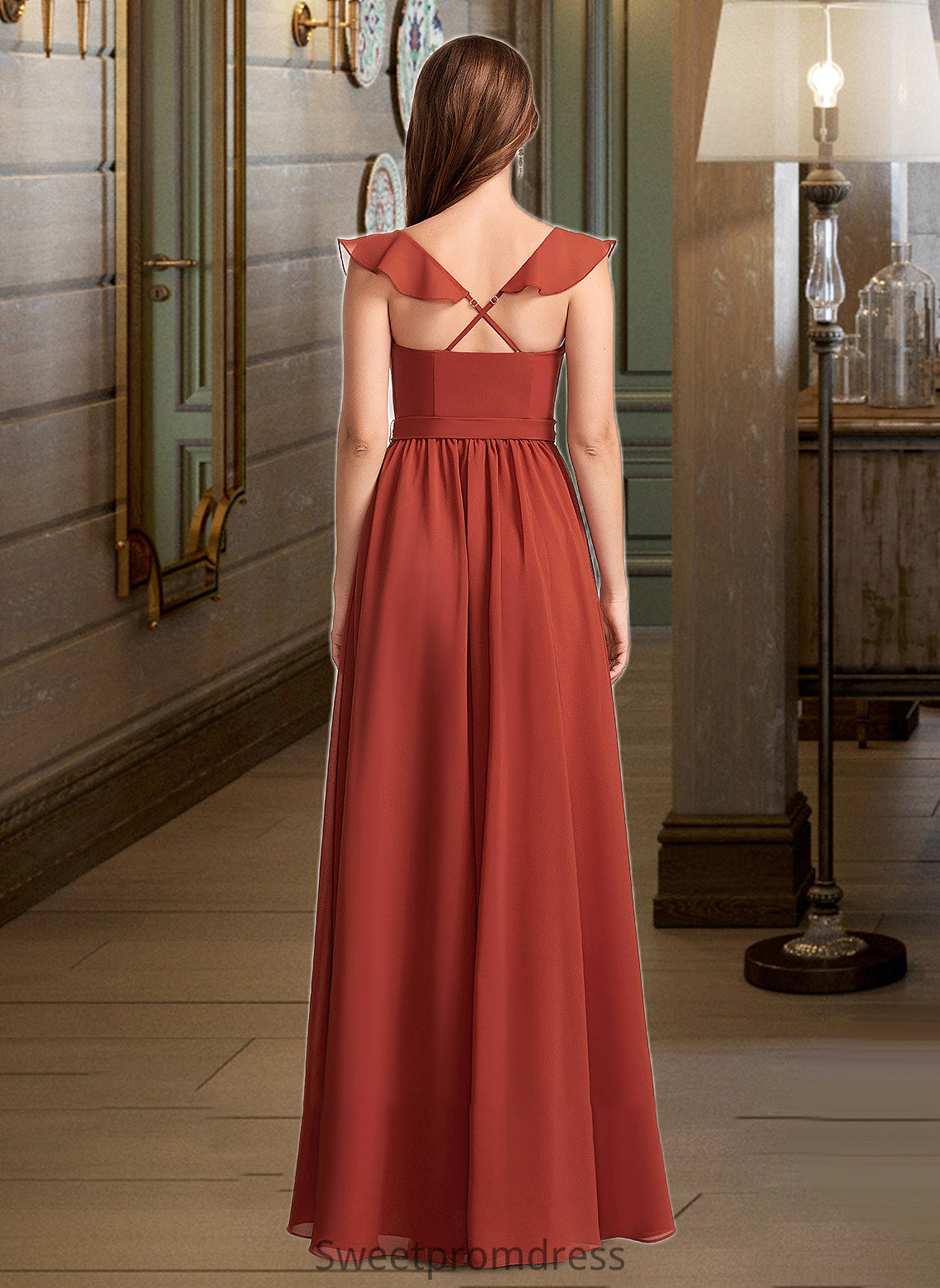 Dayana A-Line V-neck Floor-Length Bridesmaid Dress With Ruffle DHP0013221