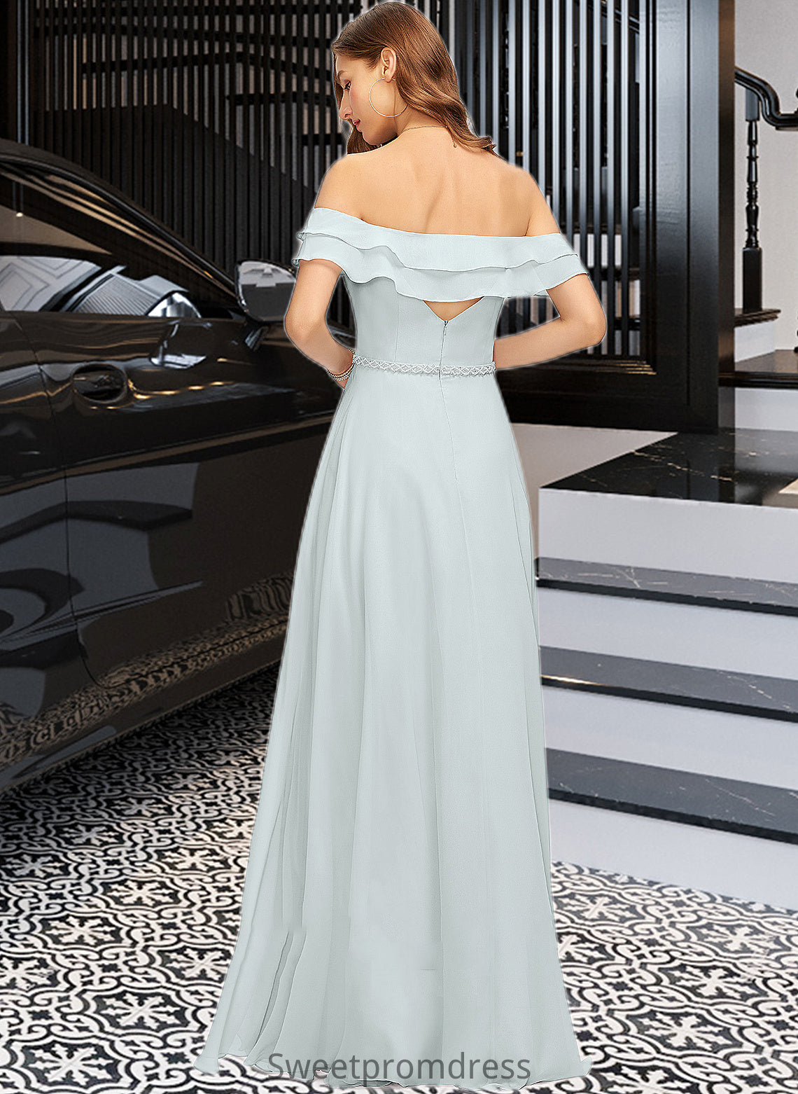 Journey A-Line Off-the-Shoulder Floor-Length Chiffon Bridesmaid Dress With Beading Split Front Cascading Ruffles DHP0013226