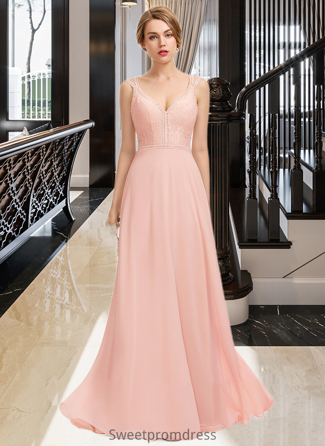 Christina A-Line V-neck Floor-Length Chiffon Lace Bridesmaid Dress DHP0013227