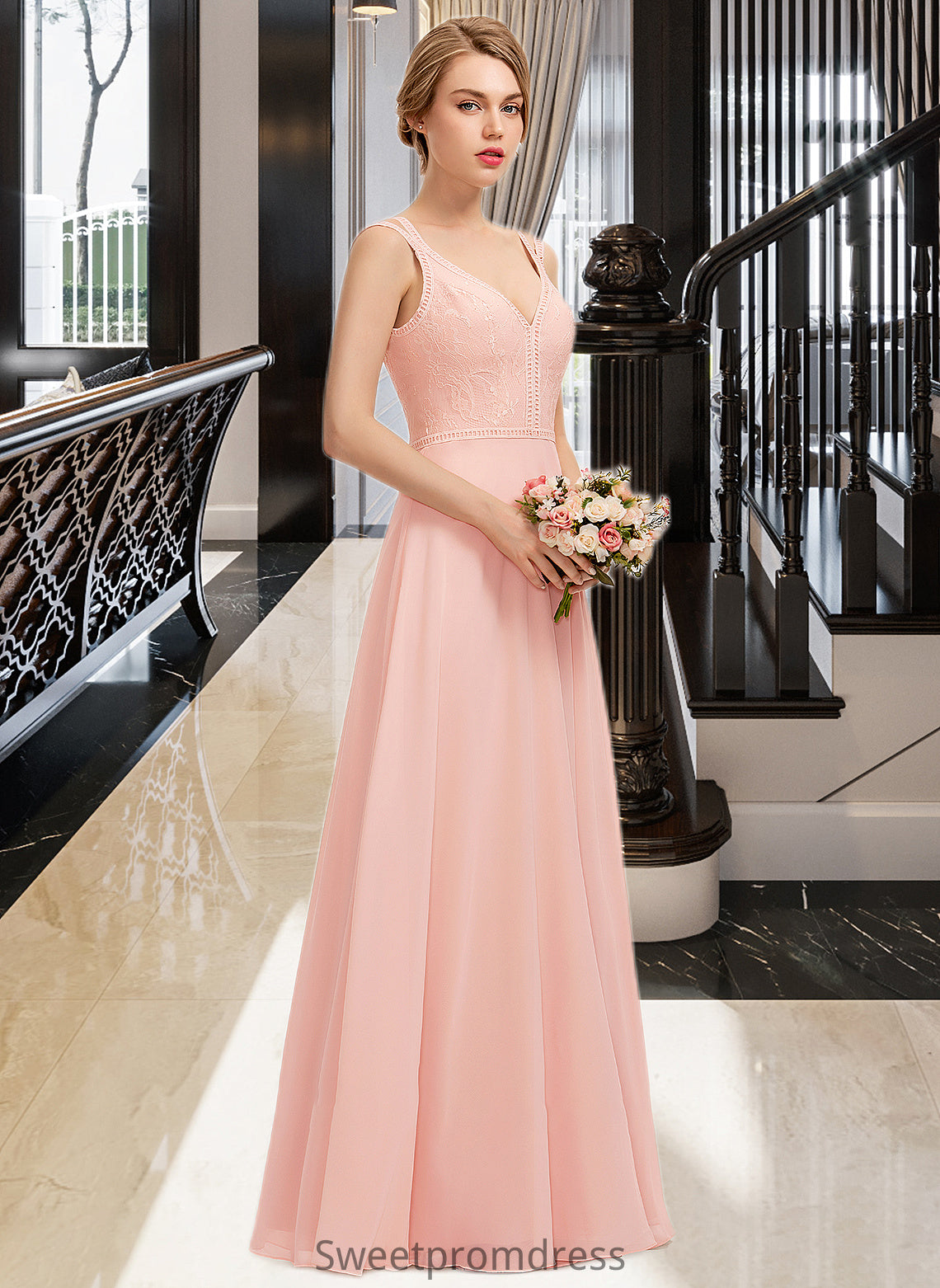 Christina A-Line V-neck Floor-Length Chiffon Lace Bridesmaid Dress DHP0013227