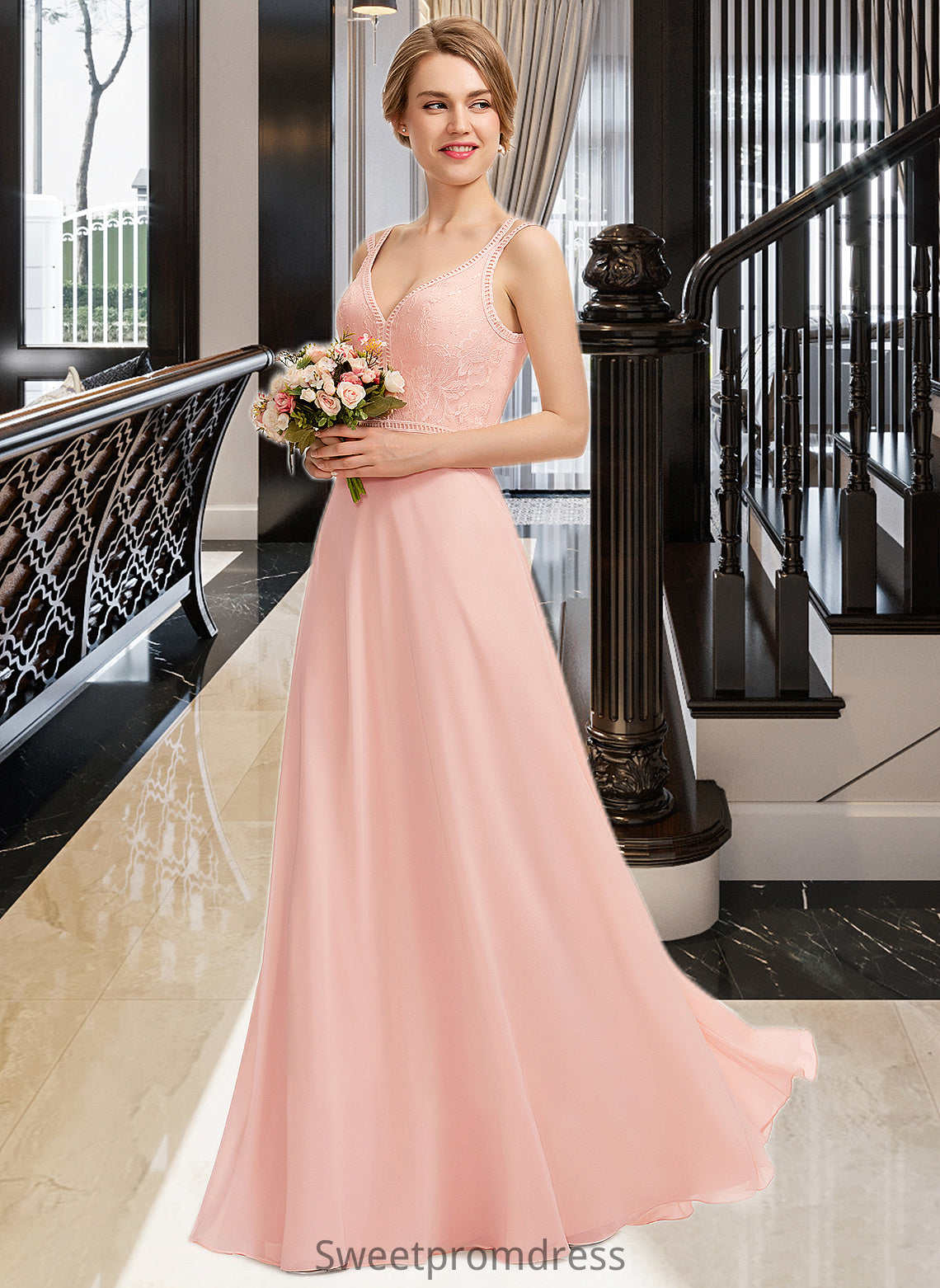 Christina A-Line V-neck Floor-Length Chiffon Lace Bridesmaid Dress DHP0013227