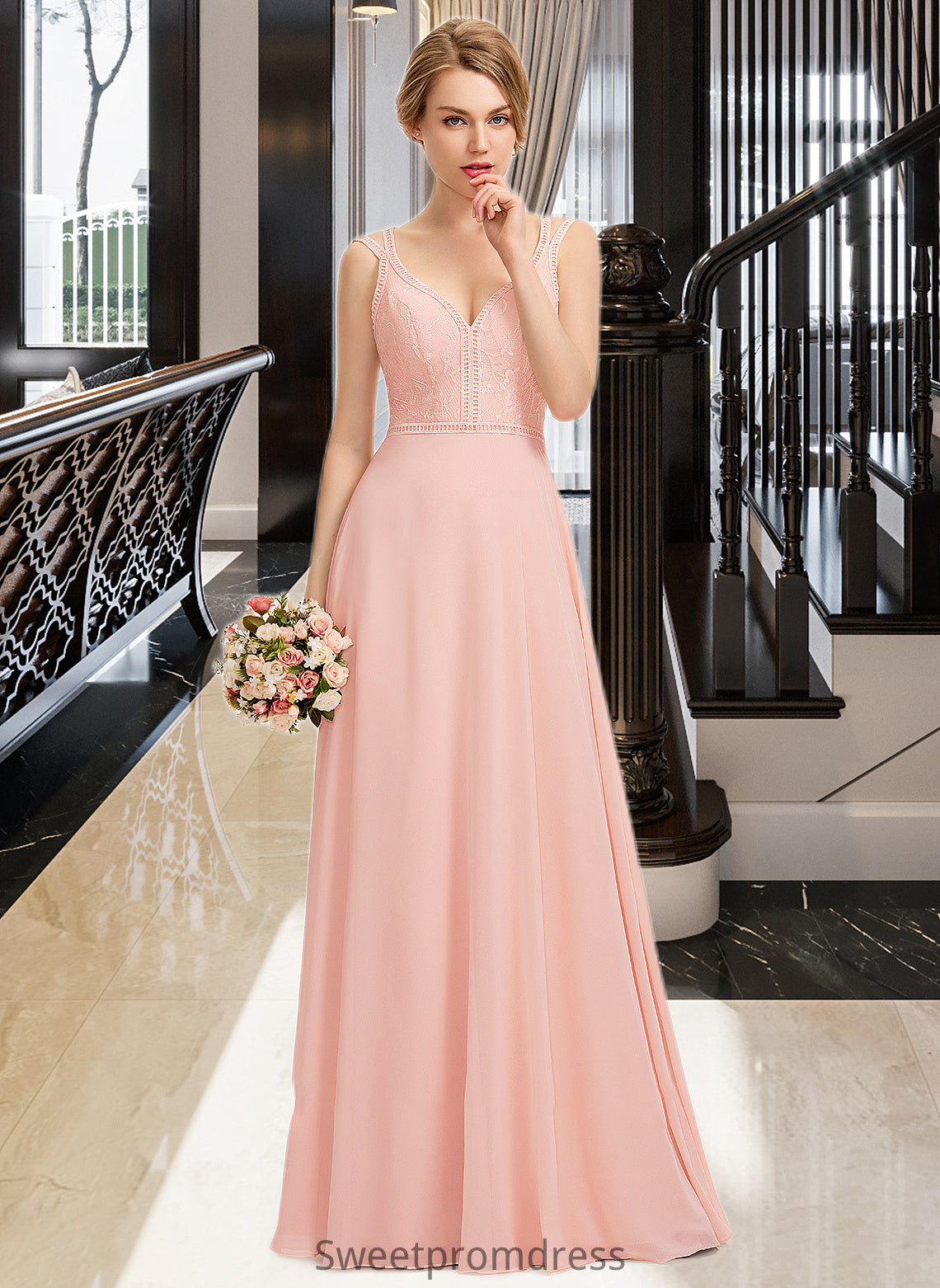 Christina A-Line V-neck Floor-Length Chiffon Lace Bridesmaid Dress DHP0013227