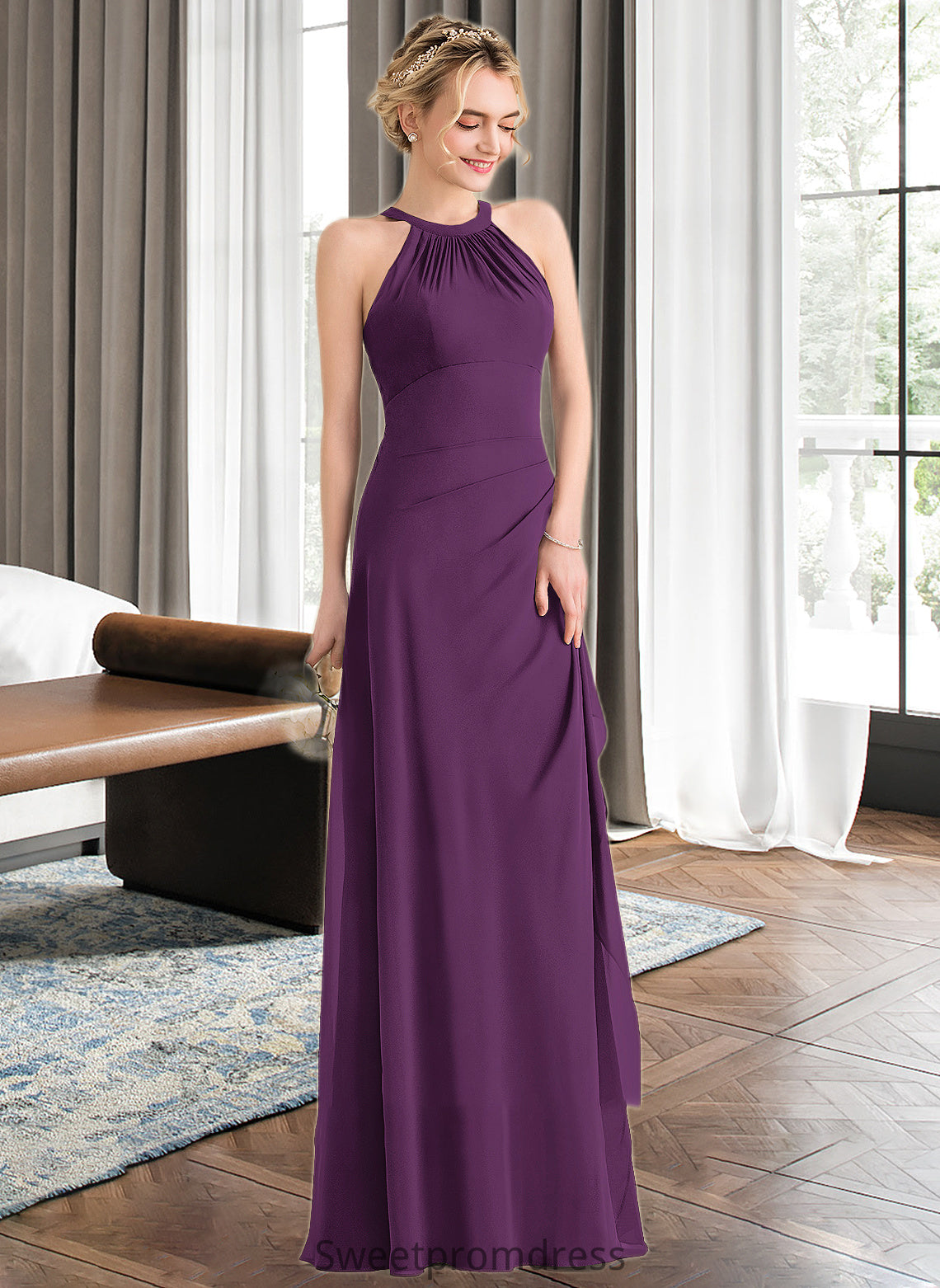 Lana A-Line Scoop Neck Floor-Length Chiffon Bridesmaid Dress With Cascading Ruffles DHP0013228