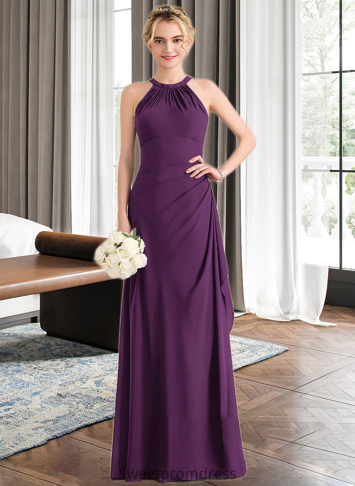 Lana A-Line Scoop Neck Floor-Length Chiffon Bridesmaid Dress With Cascading Ruffles DHP0013228