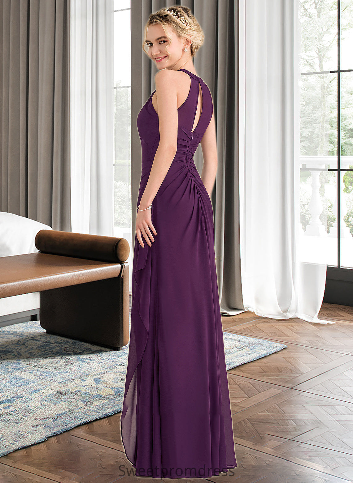 Lana A-Line Scoop Neck Floor-Length Chiffon Bridesmaid Dress With Cascading Ruffles DHP0013228