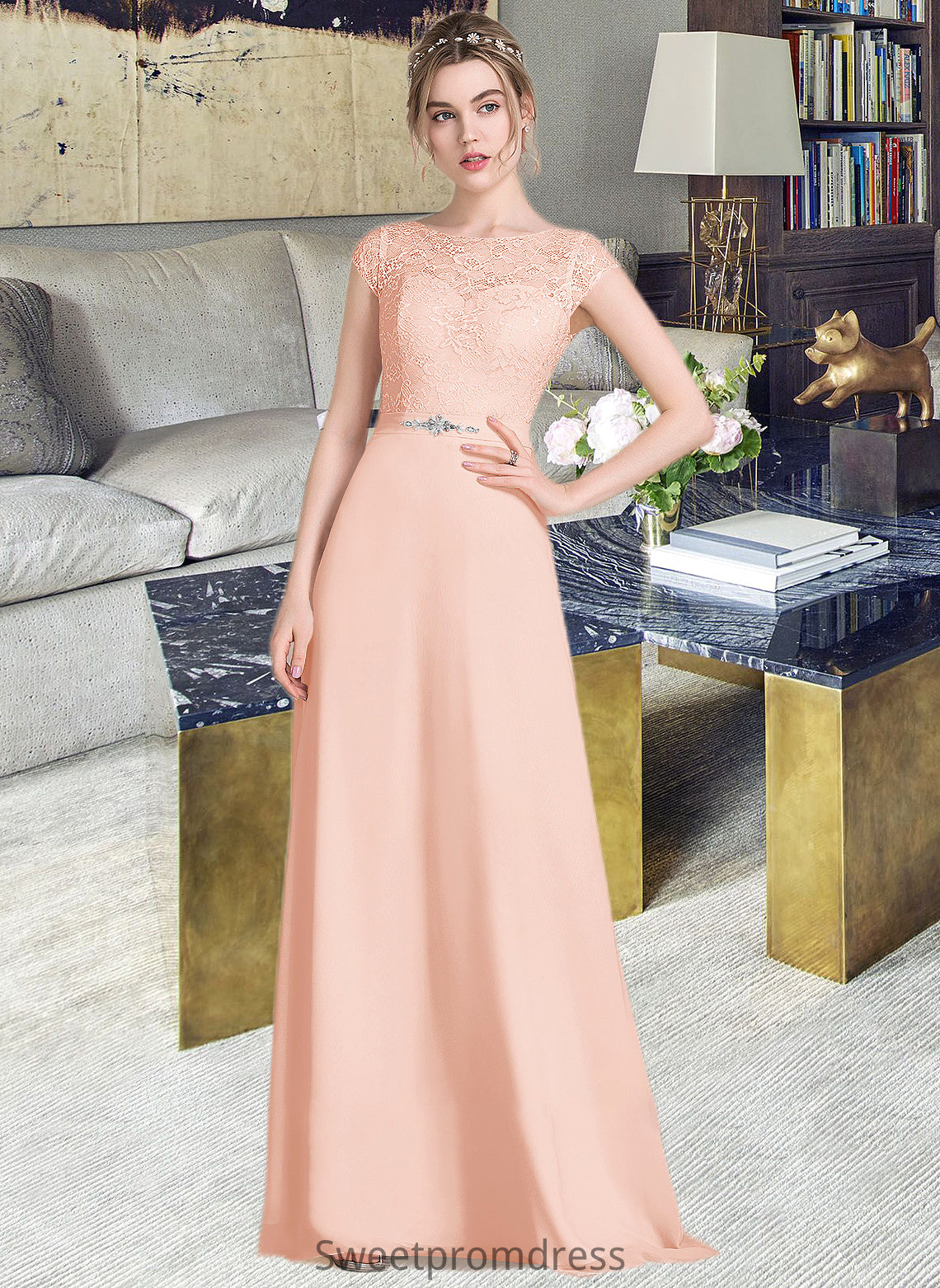 Campbell A-Line Scoop Neck Floor-Length Chiffon Lace Bridesmaid Dress With Beading Bow(s) DHP0013229