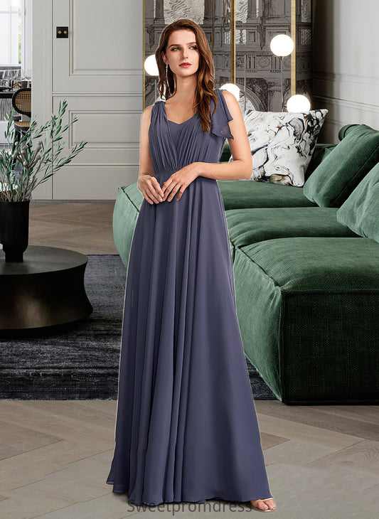 Brooke A-Line V-neck Floor-Length Bridesmaid Dress With Ruffle DHP0013230