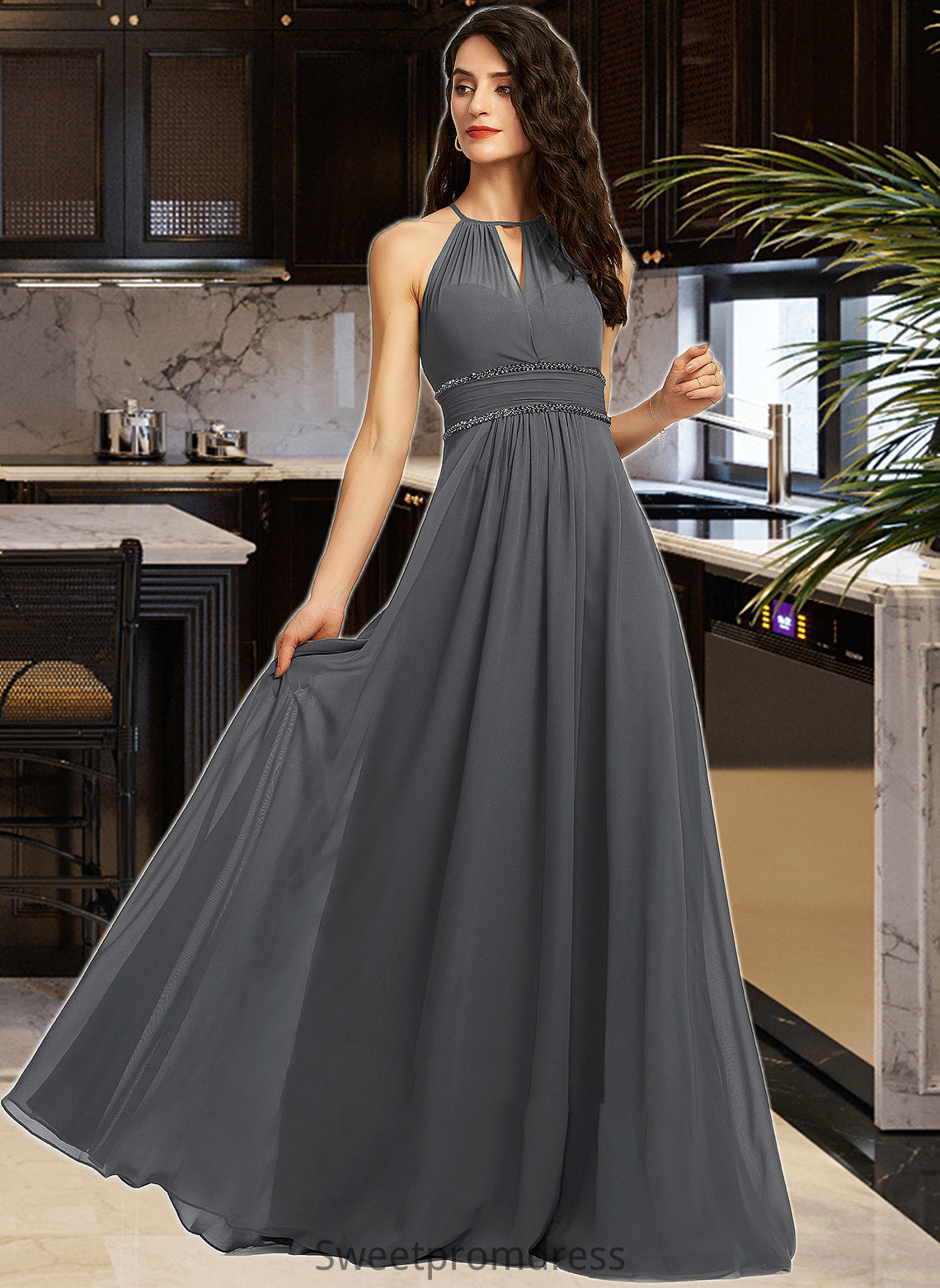 Elisabeth A-Line Halter Floor-Length Chiffon Bridesmaid Dress With Ruffle Beading Sequins DHP0013232