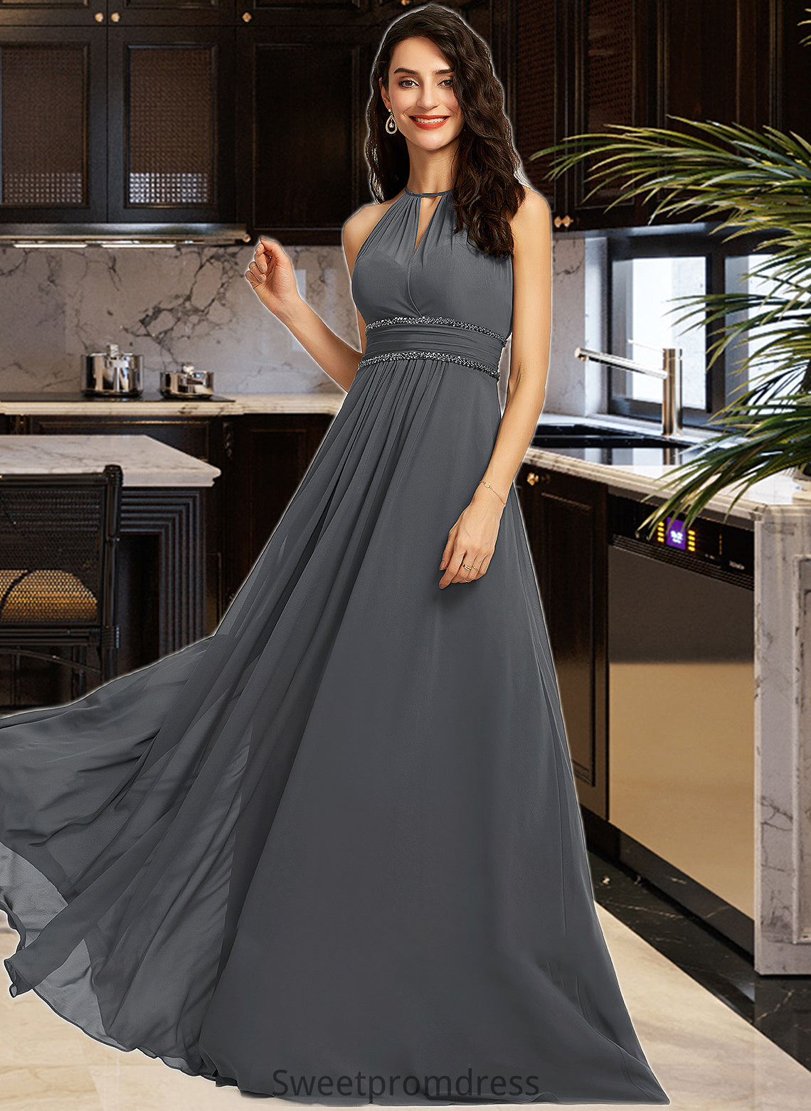 Elisabeth A-Line Halter Floor-Length Chiffon Bridesmaid Dress With Ruffle Beading Sequins DHP0013232