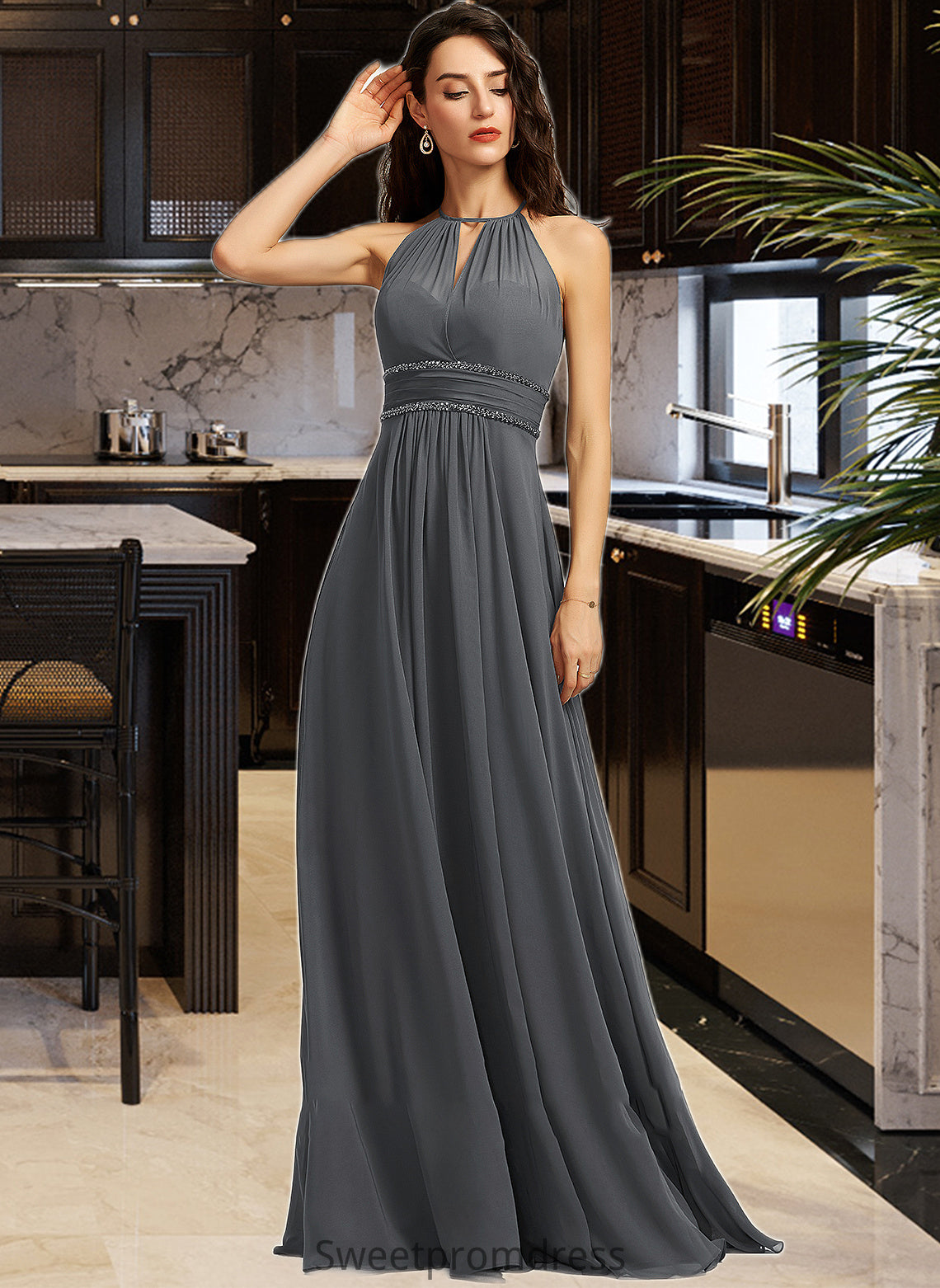 Elisabeth A-Line Halter Floor-Length Chiffon Bridesmaid Dress With Ruffle Beading Sequins DHP0013232