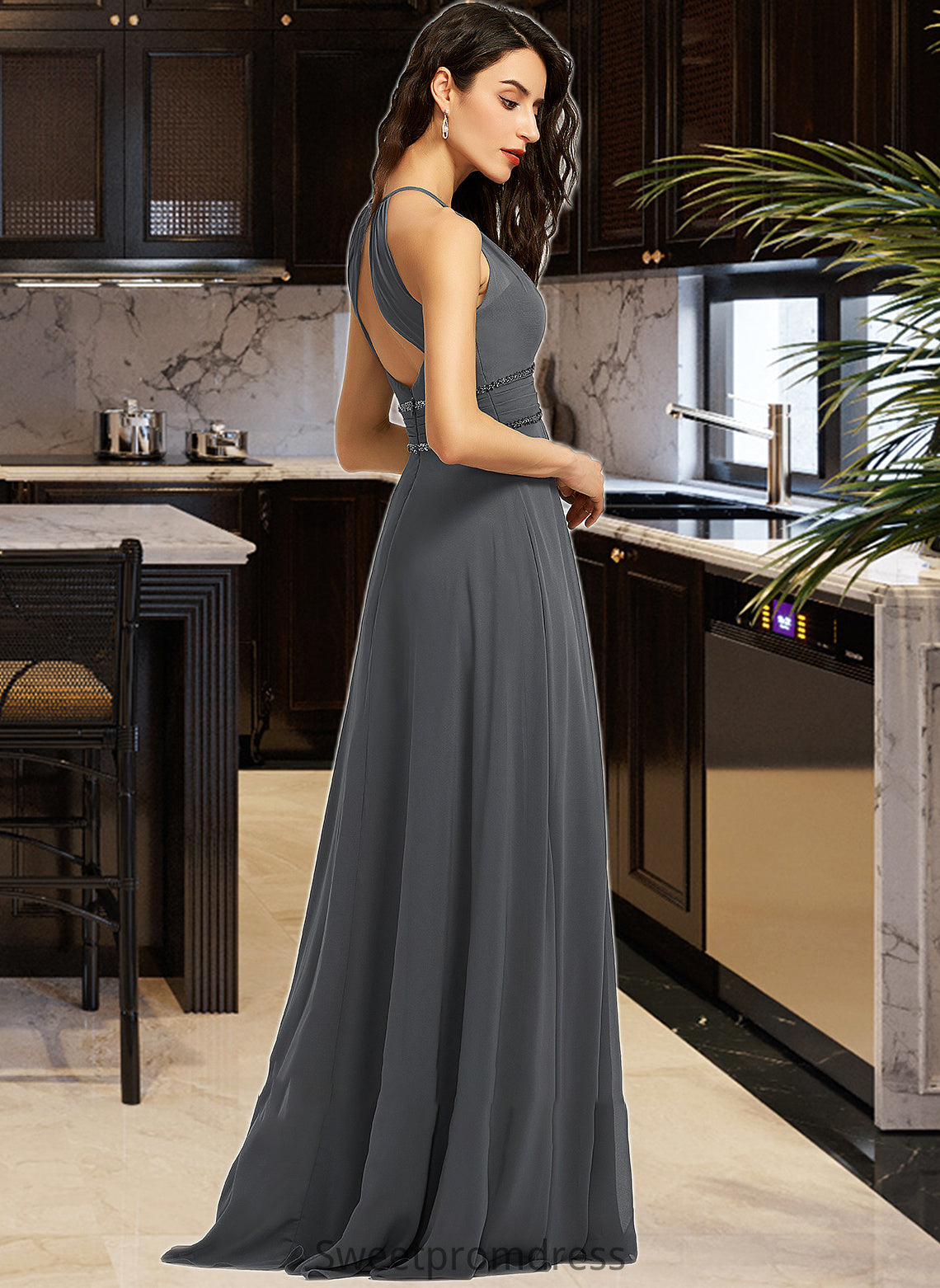 Elisabeth A-Line Halter Floor-Length Chiffon Bridesmaid Dress With Ruffle Beading Sequins DHP0013232