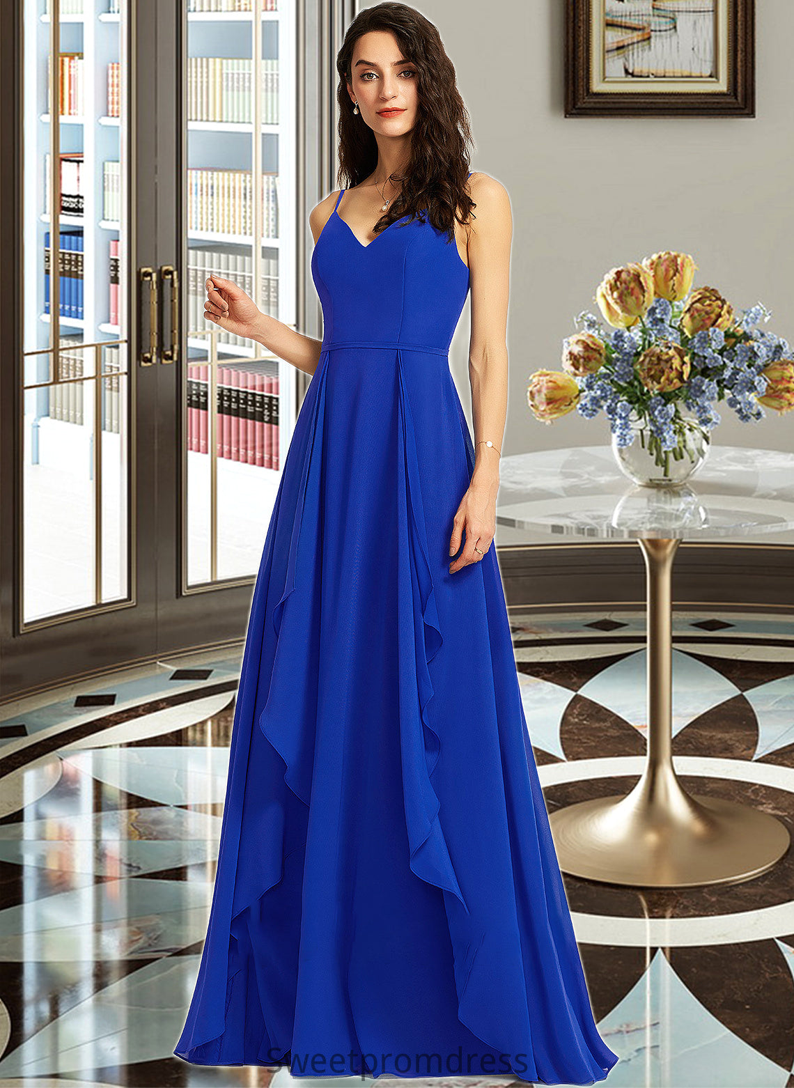 Karlee A-Line V-neck Floor-Length Bridesmaid Dress With Ruffle DHP0013233