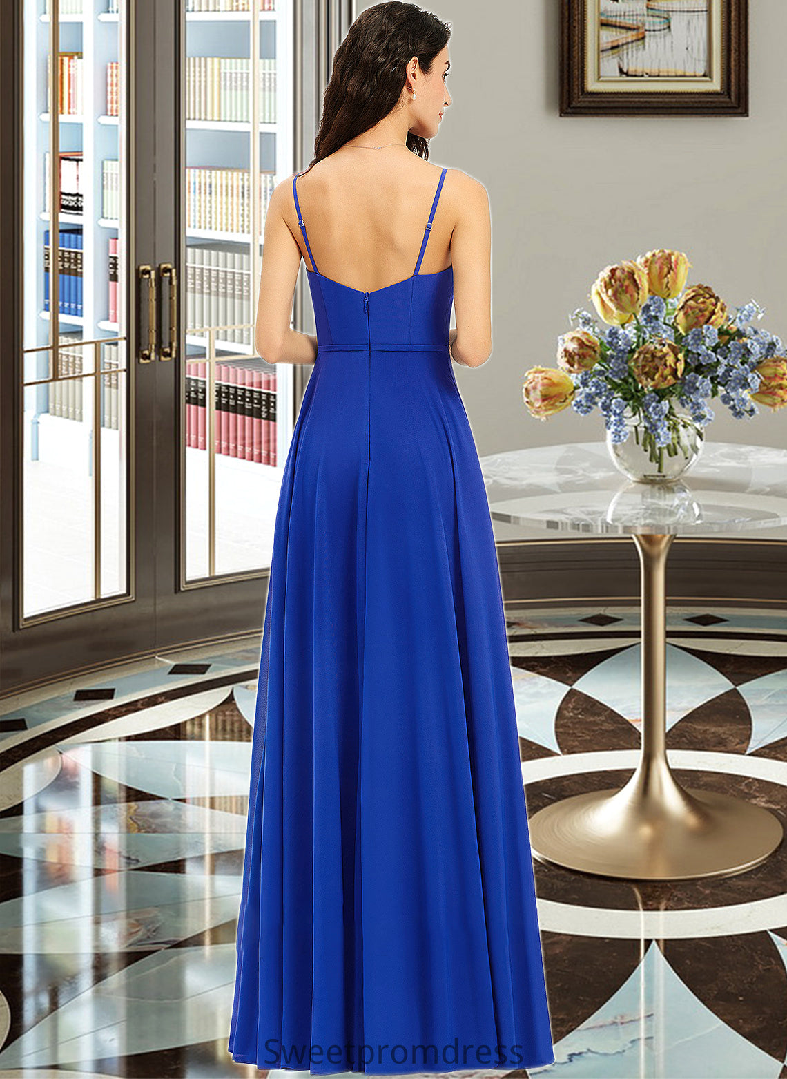 Karlee A-Line V-neck Floor-Length Bridesmaid Dress With Ruffle DHP0013233