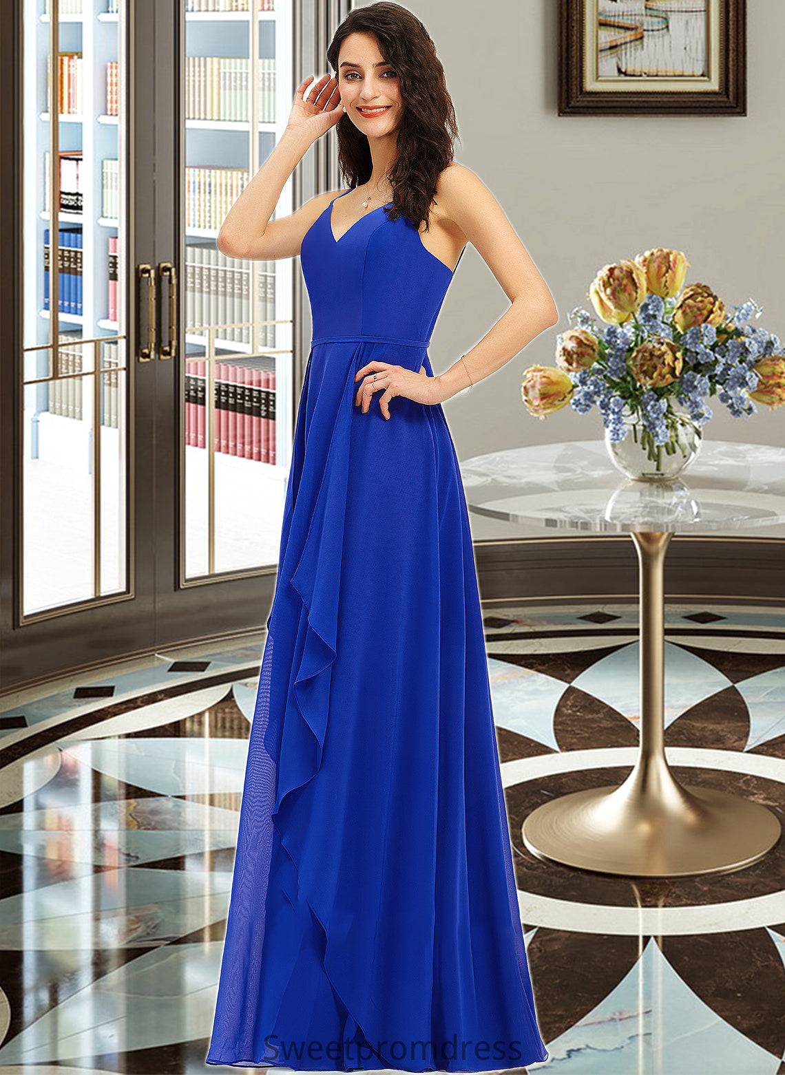 Karlee A-Line V-neck Floor-Length Bridesmaid Dress With Ruffle DHP0013233