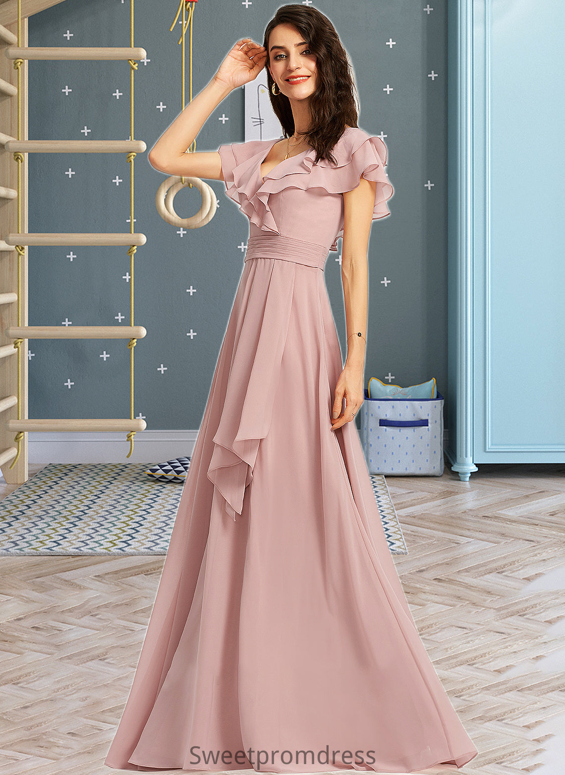 Gill A-Line V-neck Floor-Length Bridesmaid Dress With Ruffle Split Front DHP0013234