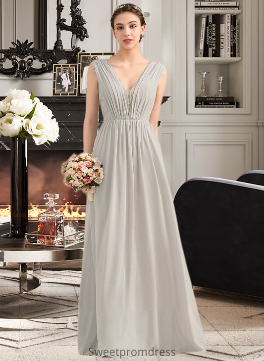 Eileen A-Line V-neck Floor-Length Chiffon Lace Bridesmaid Dress With Ruffle DHP0013238