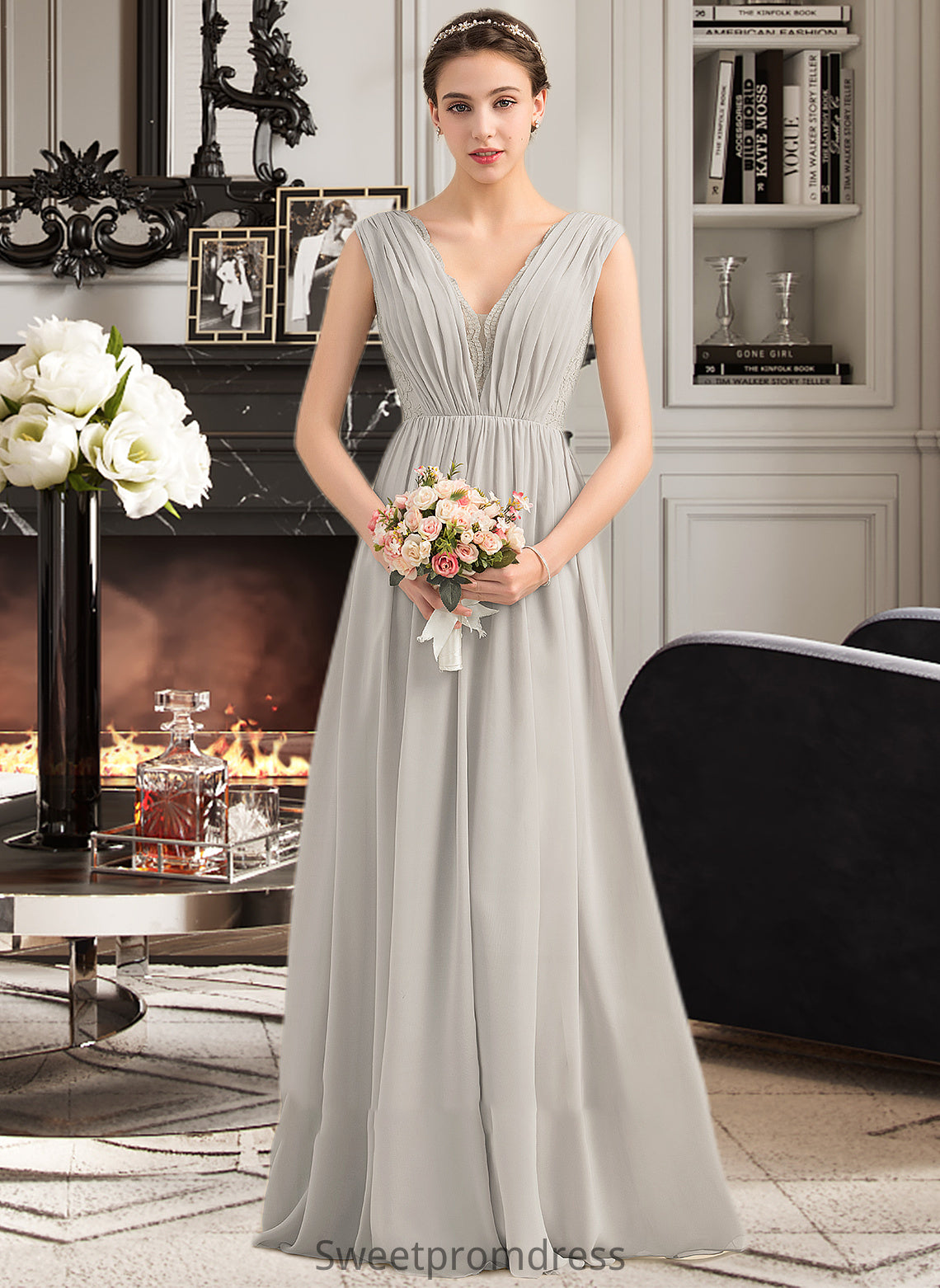 Eileen A-Line V-neck Floor-Length Chiffon Lace Bridesmaid Dress With Ruffle DHP0013238