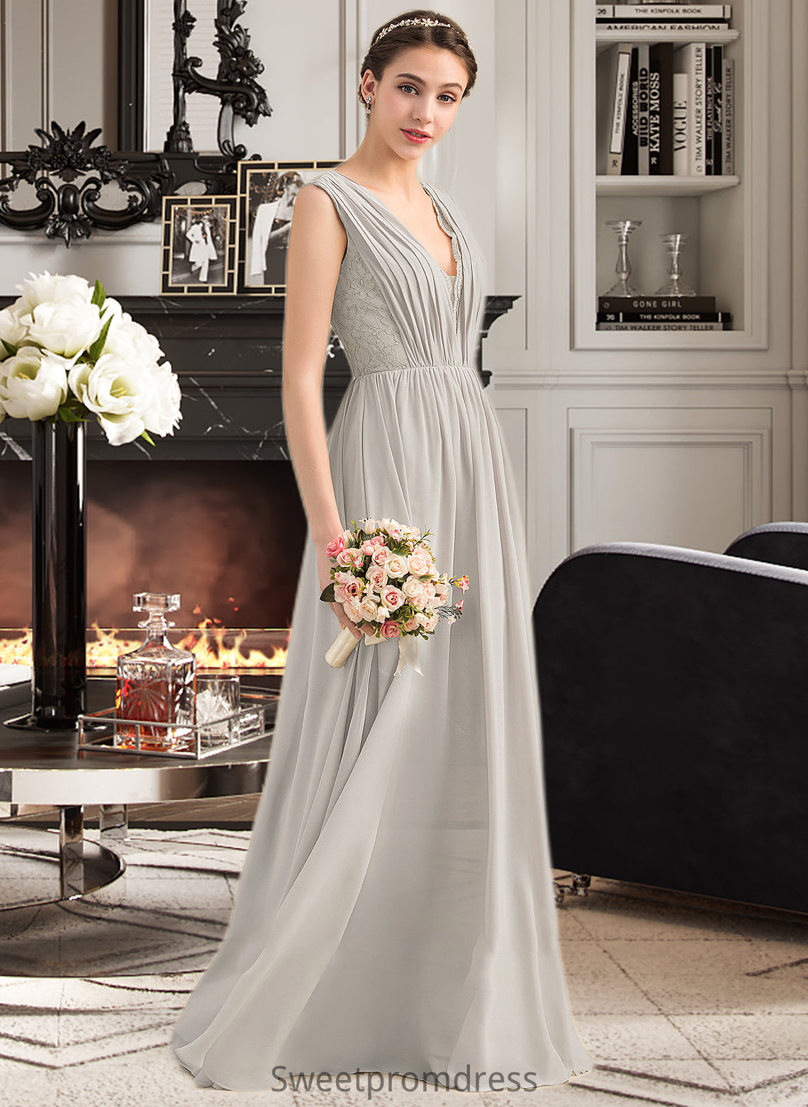 Eileen A-Line V-neck Floor-Length Chiffon Lace Bridesmaid Dress With Ruffle DHP0013238