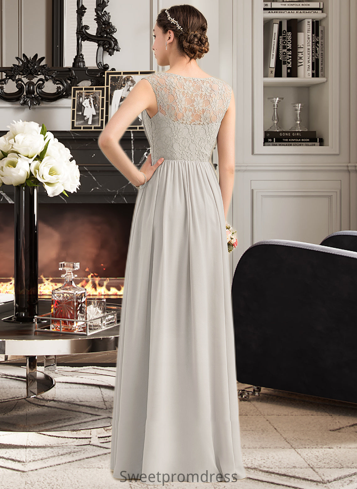 Eileen A-Line V-neck Floor-Length Chiffon Lace Bridesmaid Dress With Ruffle DHP0013238