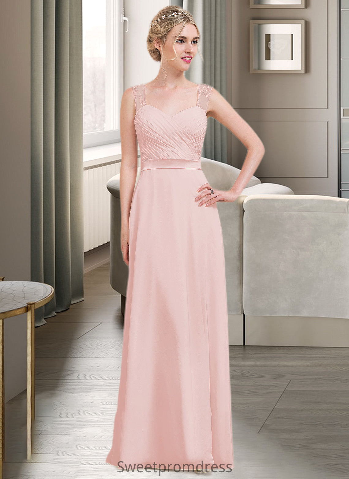 Kadence A-Line/Princess Sweetheart Floor-Length Chiffon Bridesmaid Dress With Ruffle DHP0013239